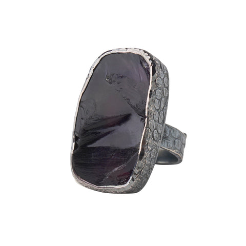 Oxidized Sterling Silver Rough Face Amethyst Ring
