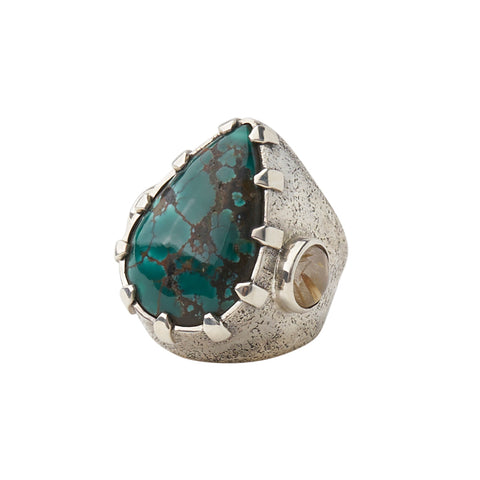 Sterling Silver Tear Turquoise and Rutilated Quartz Ring